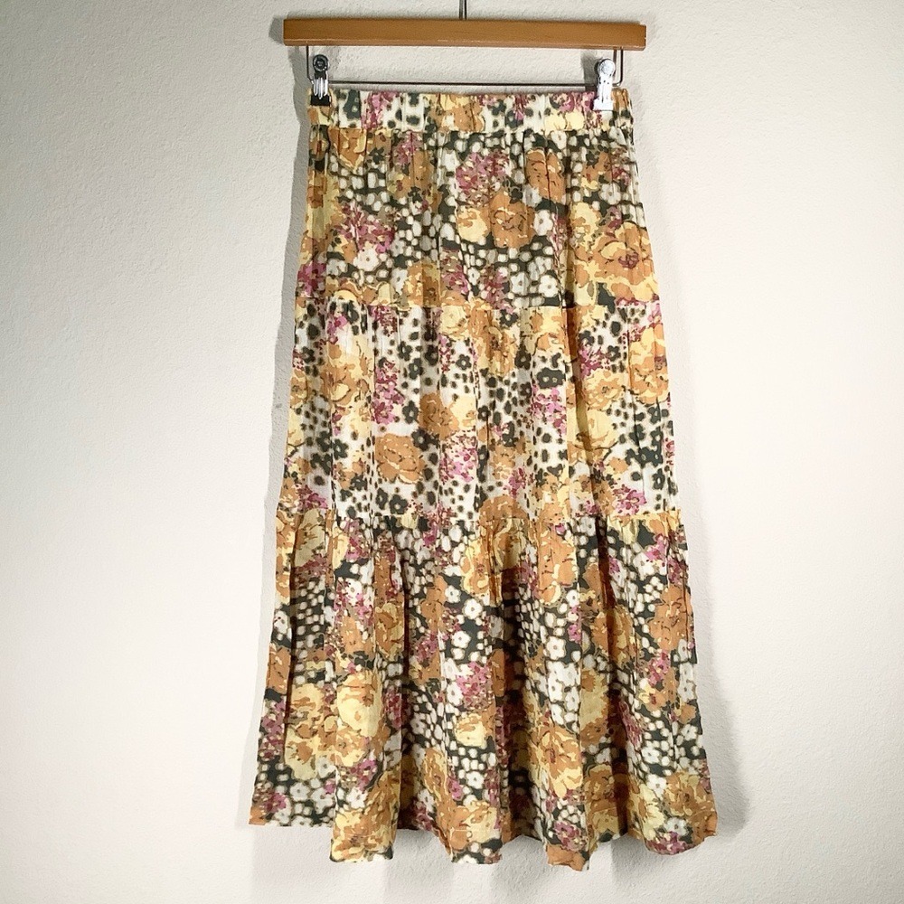 BA&SH Tiered Floral Midi Skirt M Semi Sheer Pull-On Hippie Festival Beach Resort - Picture 11 of 12